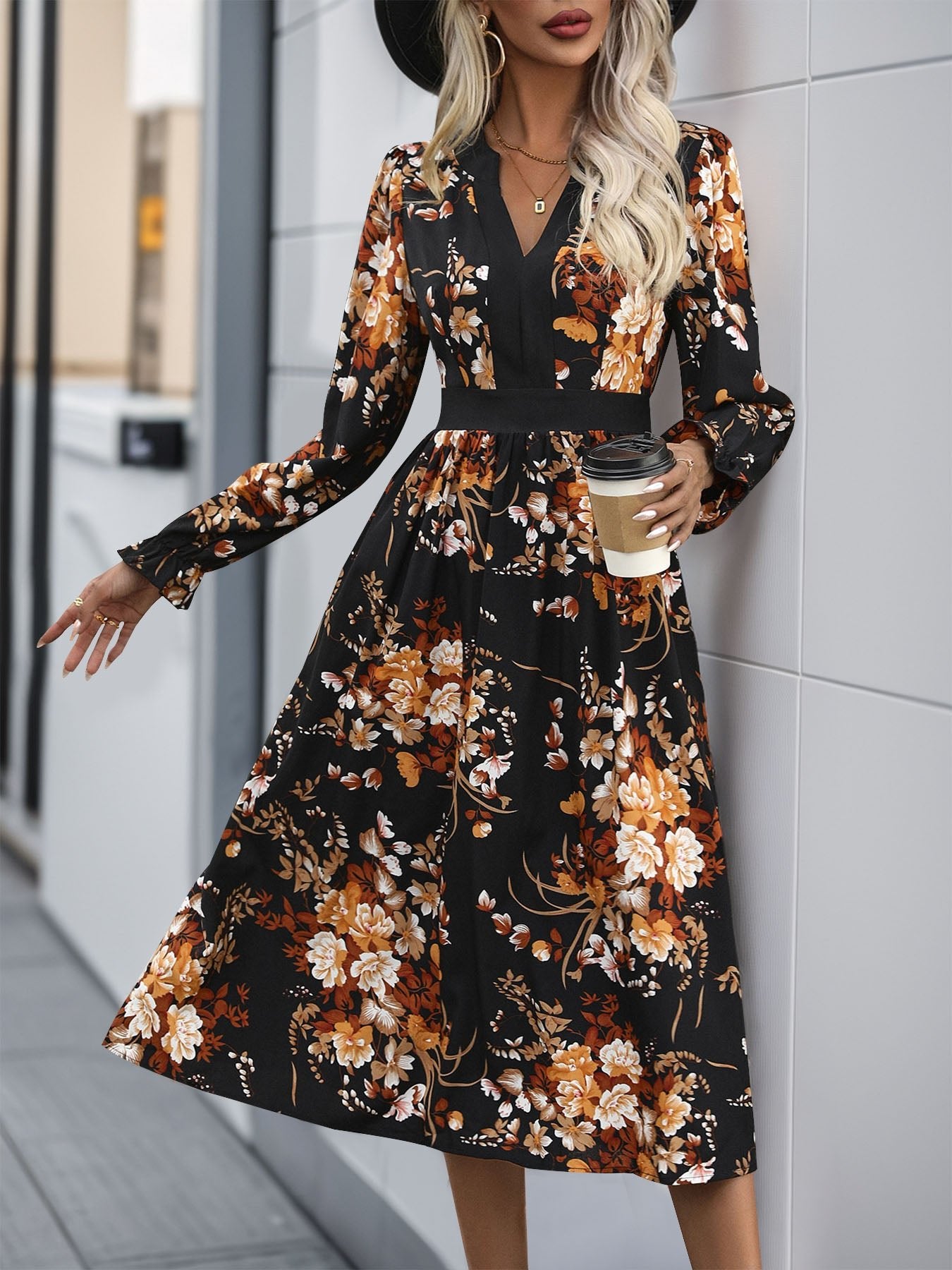 Perfee Printed Notched Long Sleeve Midi Dress - Mervyns