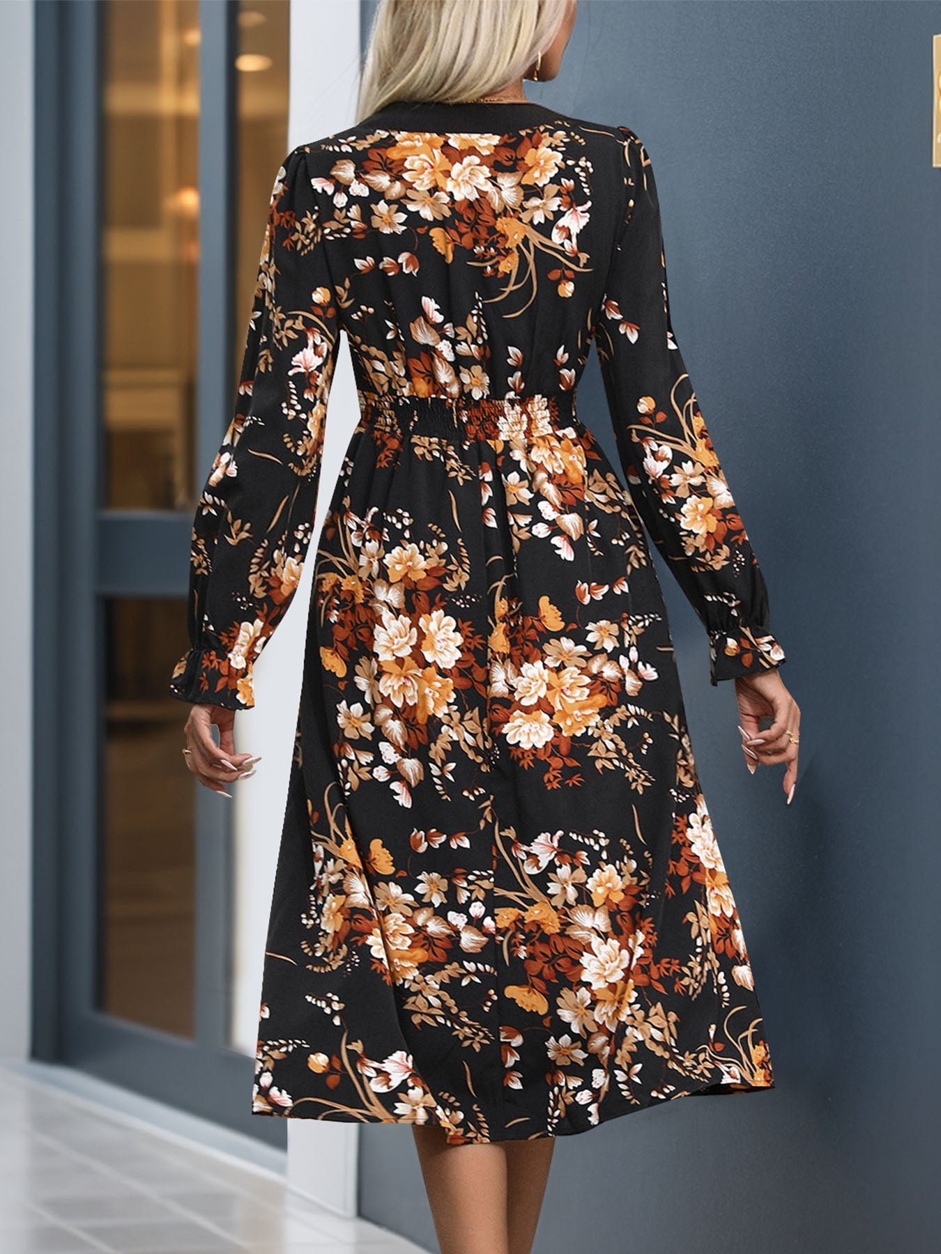 Perfee Printed Notched Long Sleeve Midi Dress - Mervyns