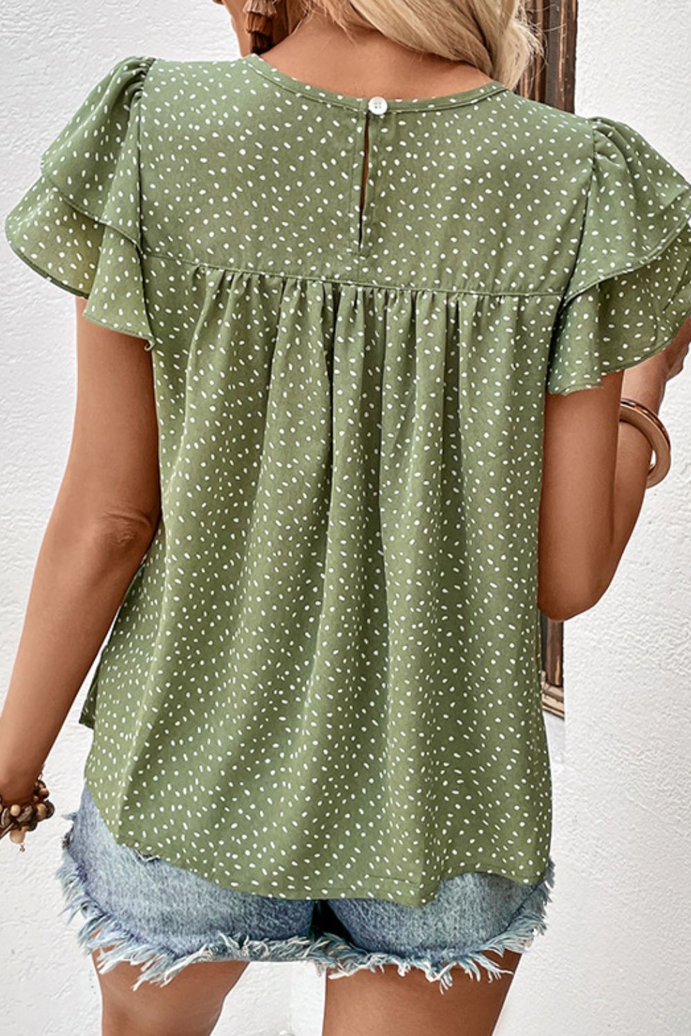 Perfee Printed Round Neck Puff Sleeve Blouse - Mervyns