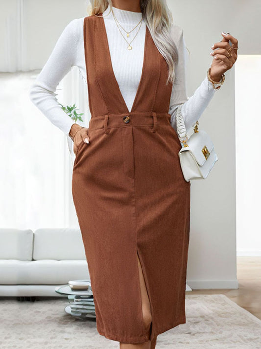 Perfee Slit Overall Dress with Pockets - Mervyns