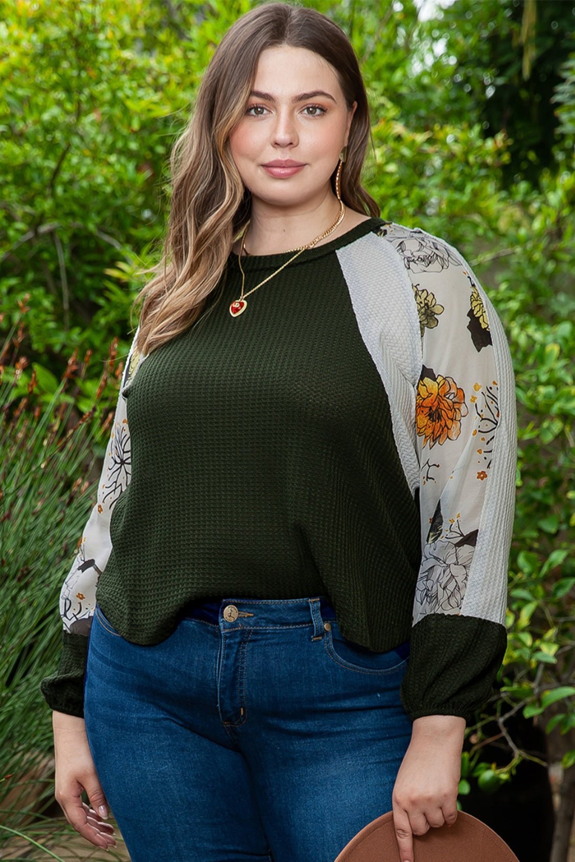 Plus Size Floral Waffle-Knit Round Neck Blouse - Mervyns
