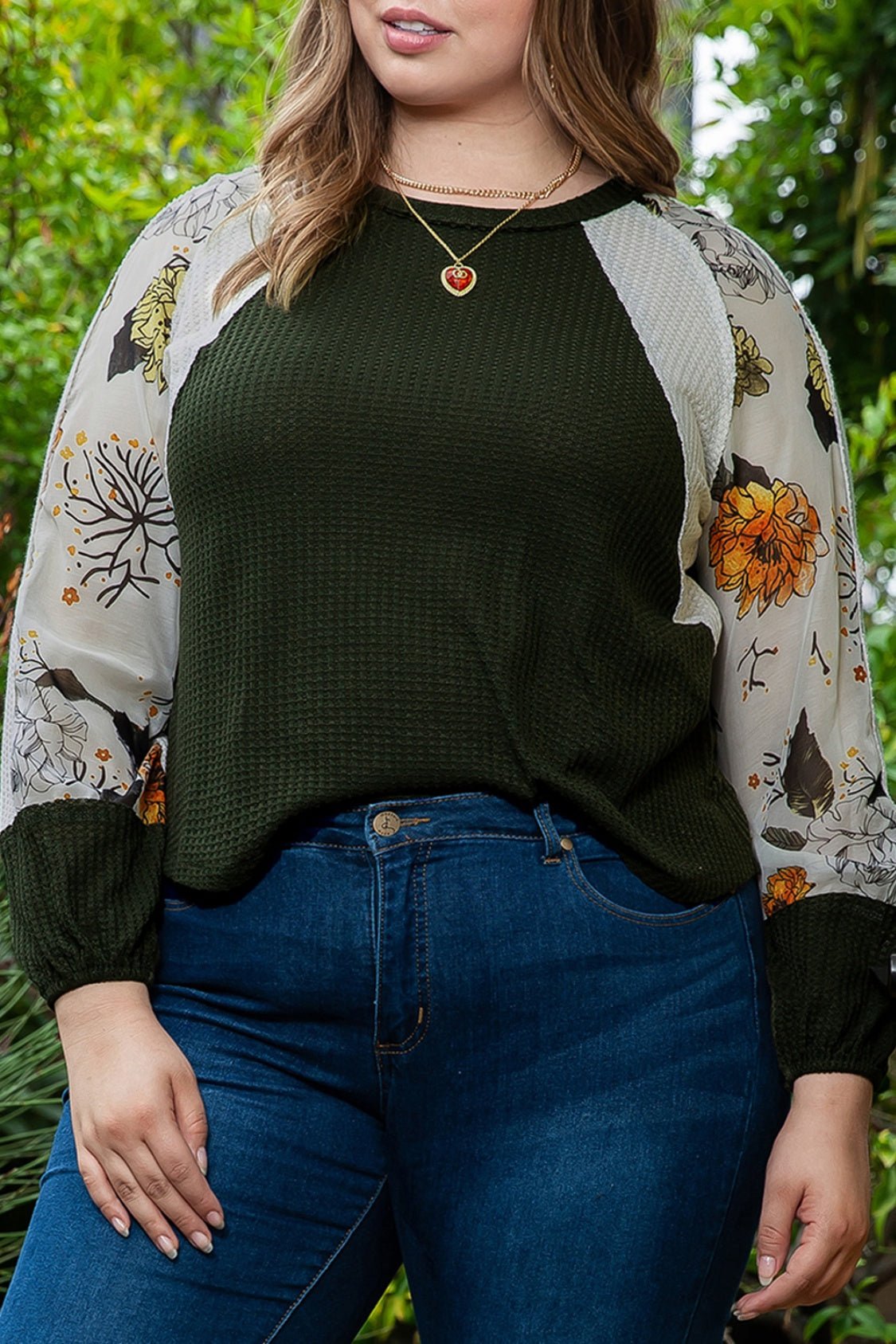 Plus Size Floral Waffle-Knit Round Neck Blouse - Mervyns
