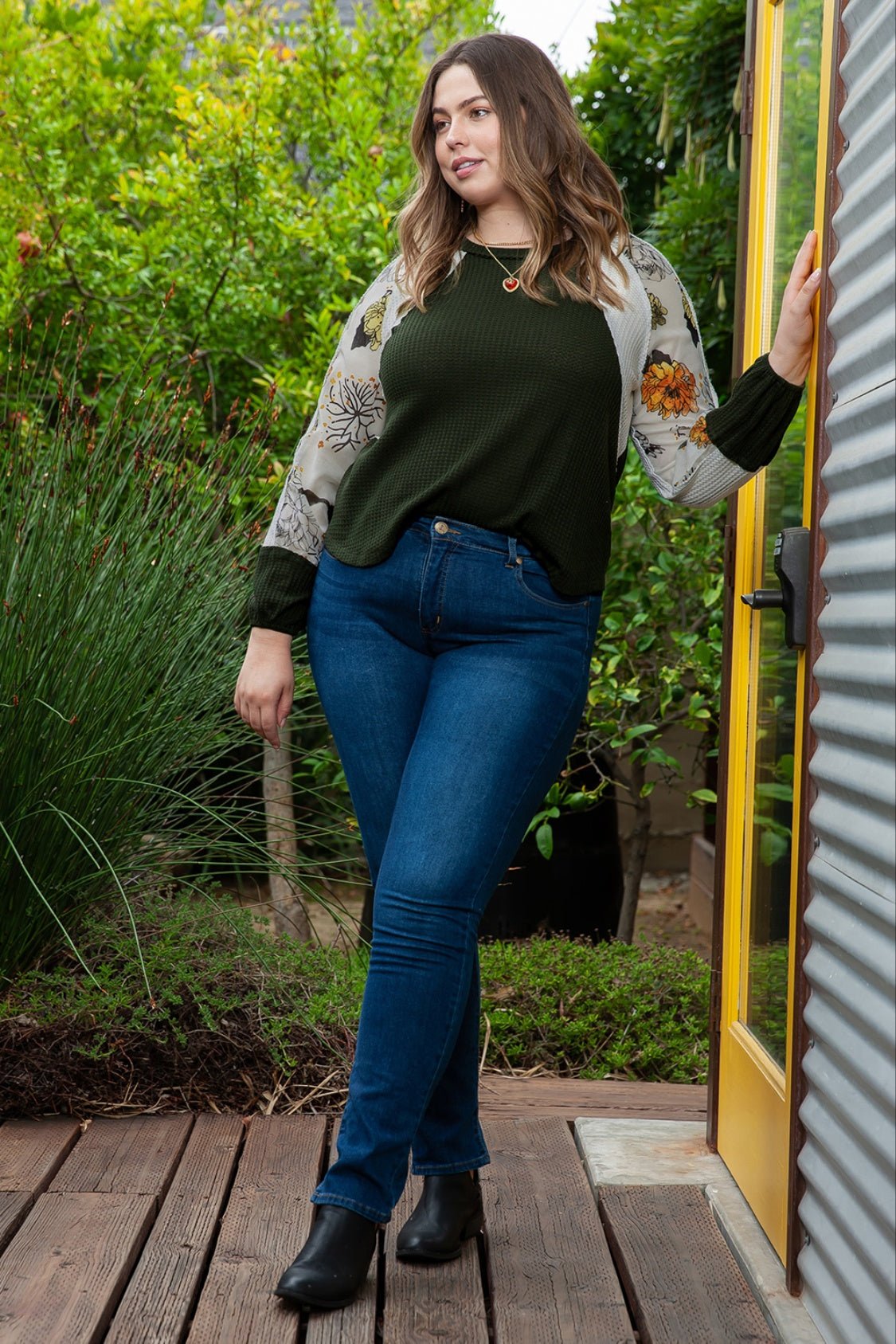 Plus Size Floral Waffle-Knit Round Neck Blouse - Mervyns