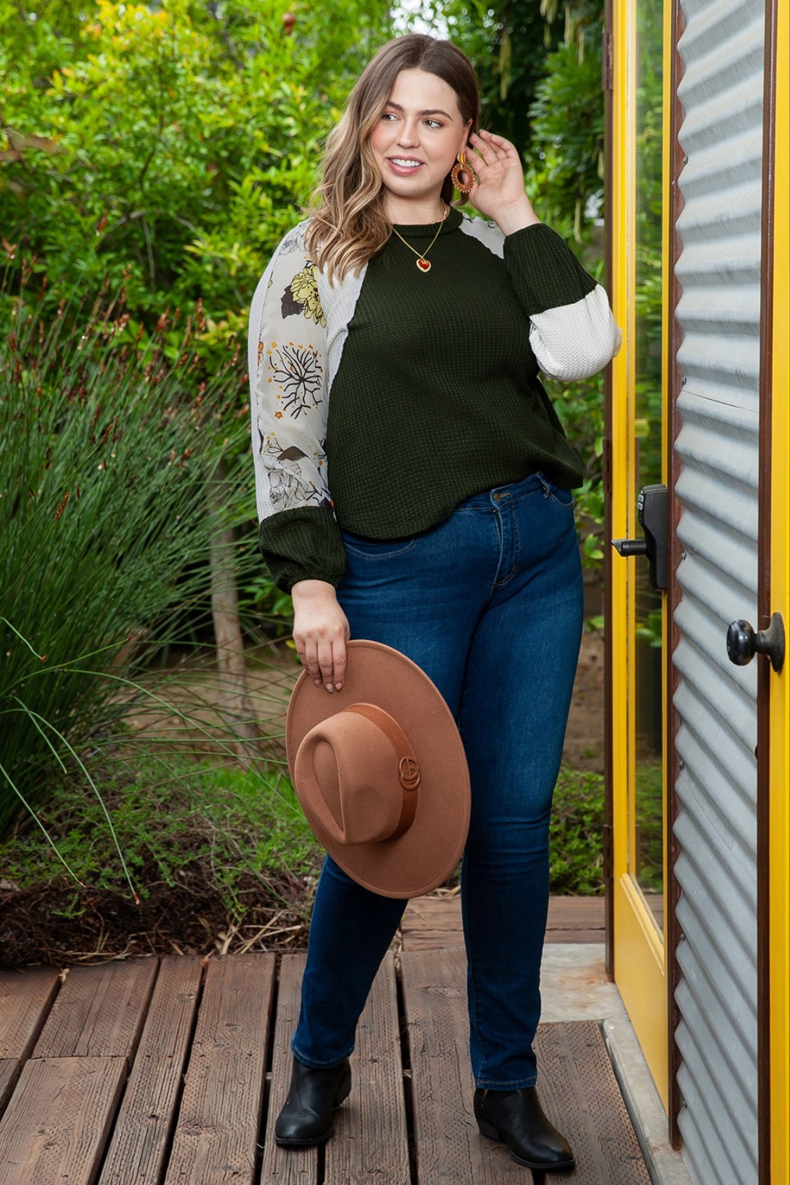 Plus Size Floral Waffle-Knit Round Neck Blouse - Mervyns