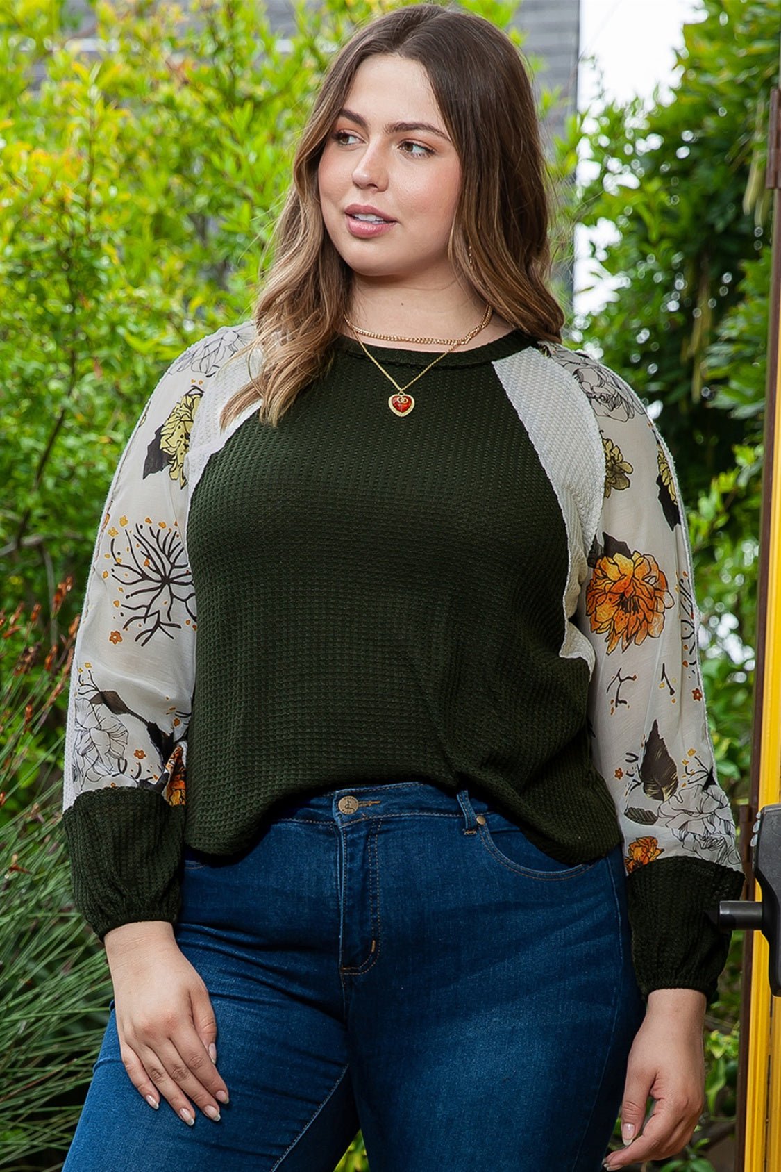 Plus Size Floral Waffle-Knit Round Neck Blouse - Mervyns