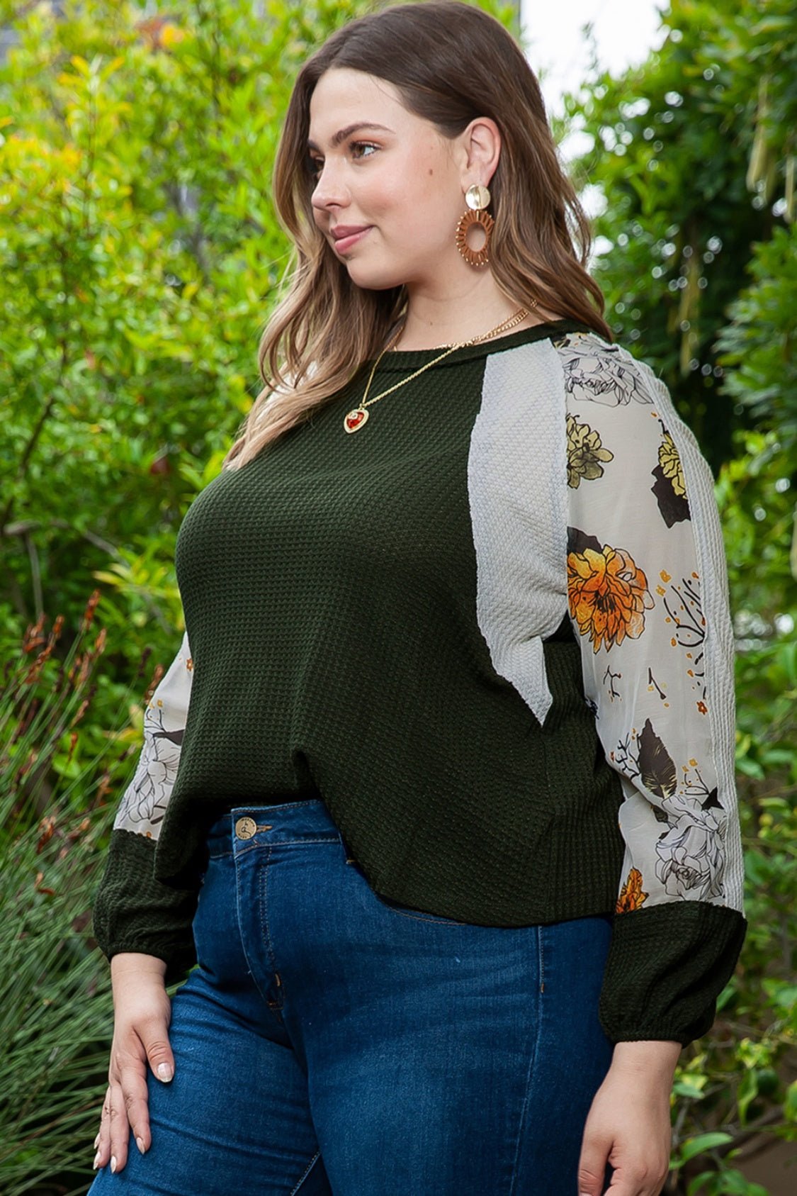 Plus Size Floral Waffle-Knit Round Neck Blouse - Mervyns