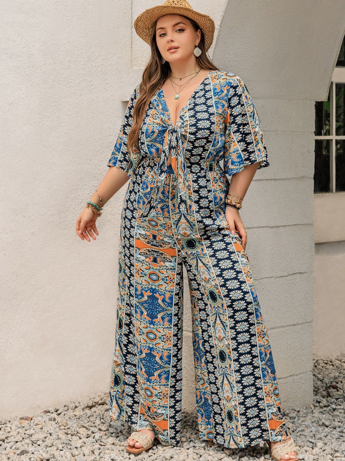Plus Size Printed Half Sleeve Wide Leg Jumpsuit - Mervyns