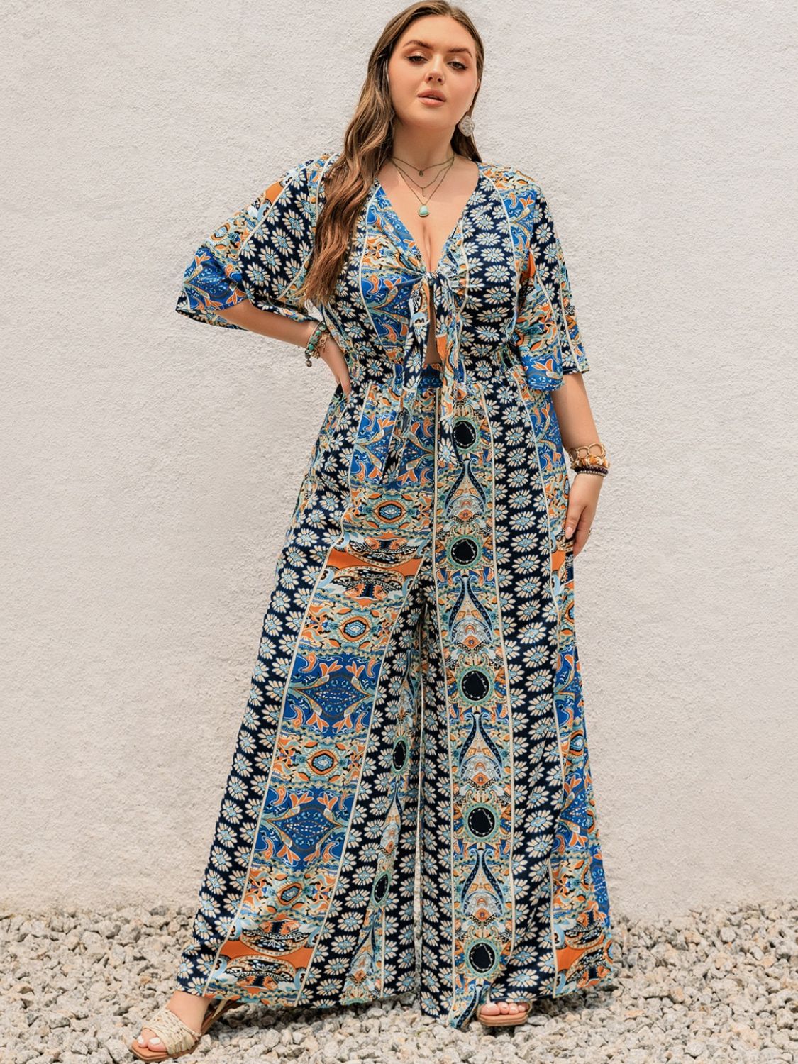 Plus Size Printed Half Sleeve Wide Leg Jumpsuit - Mervyns