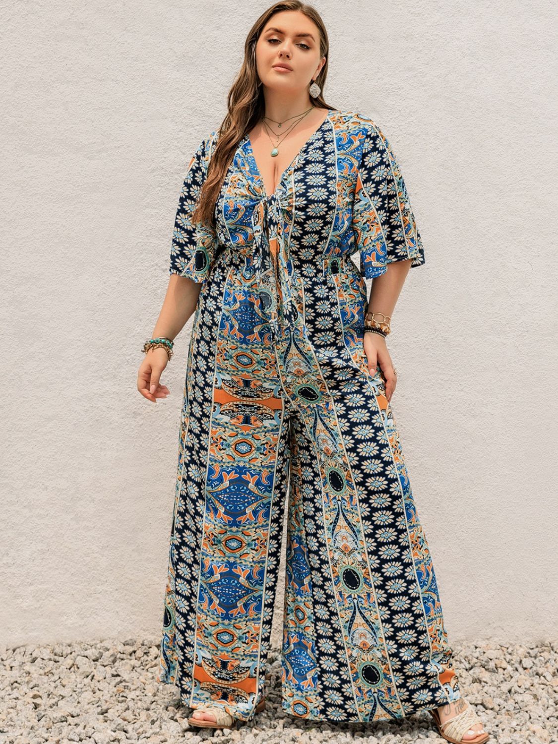 Plus Size Printed Half Sleeve Wide Leg Jumpsuit - Mervyns