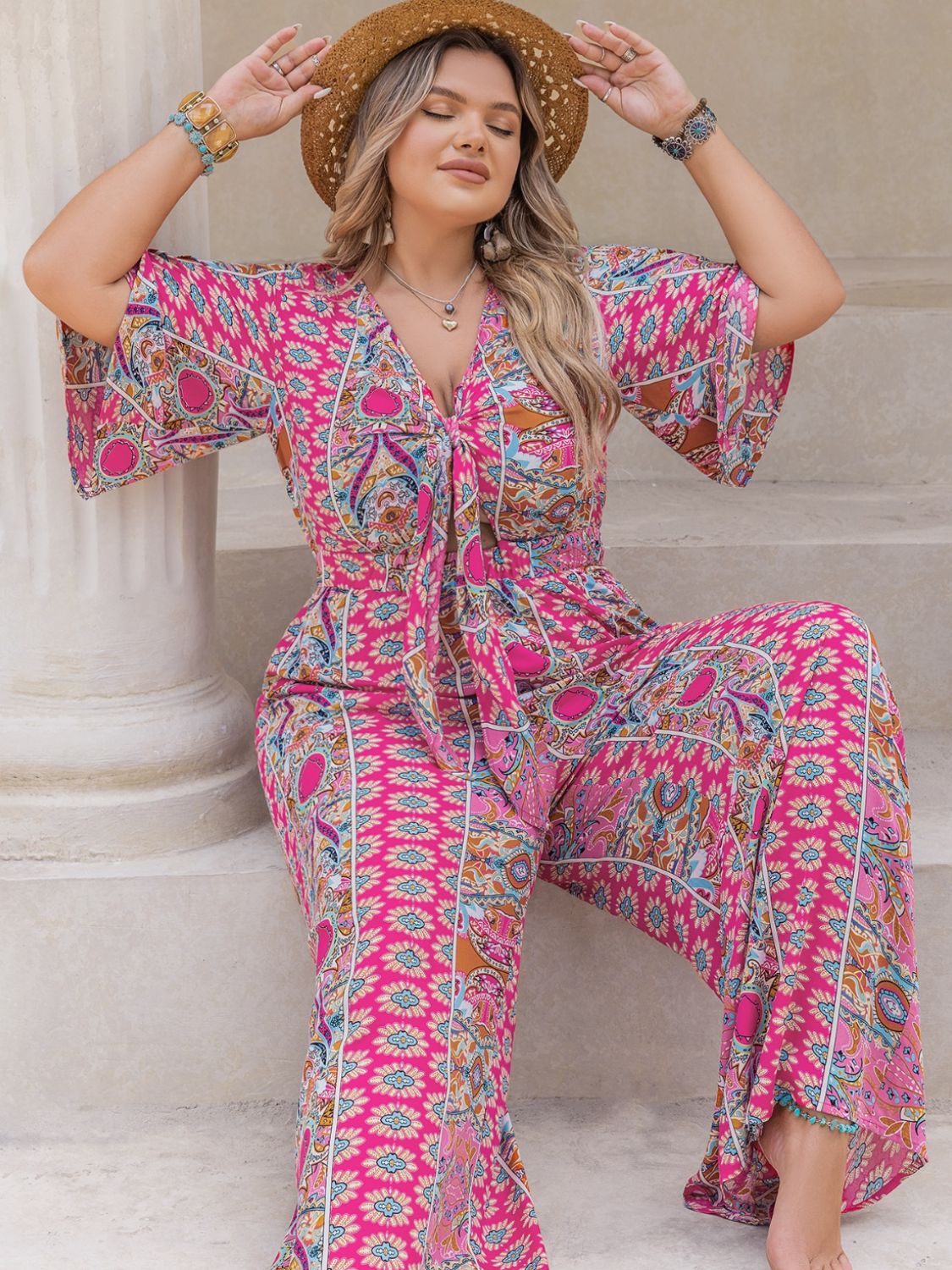 Plus Size Printed Half Sleeve Wide Leg Jumpsuit - Mervyns