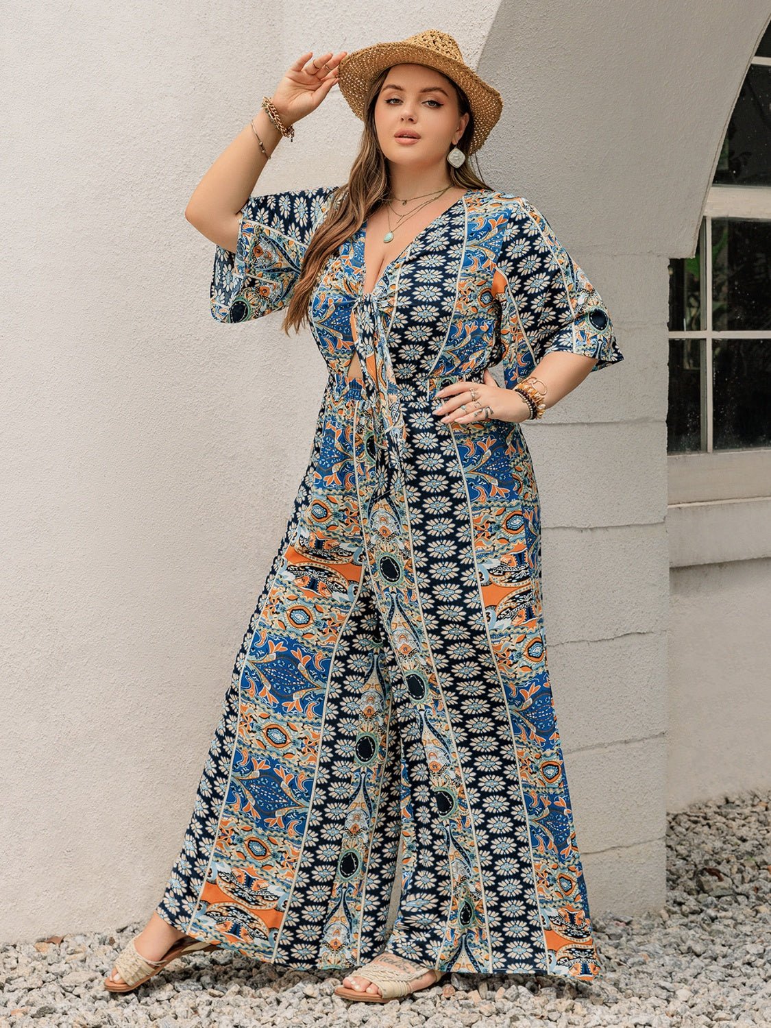 Plus Size Printed Half Sleeve Wide Leg Jumpsuit - Mervyns