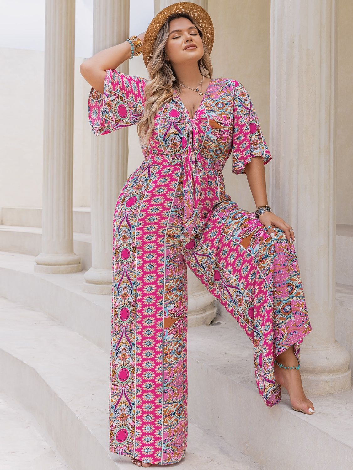 Plus Size Printed Half Sleeve Wide Leg Jumpsuit - Mervyns