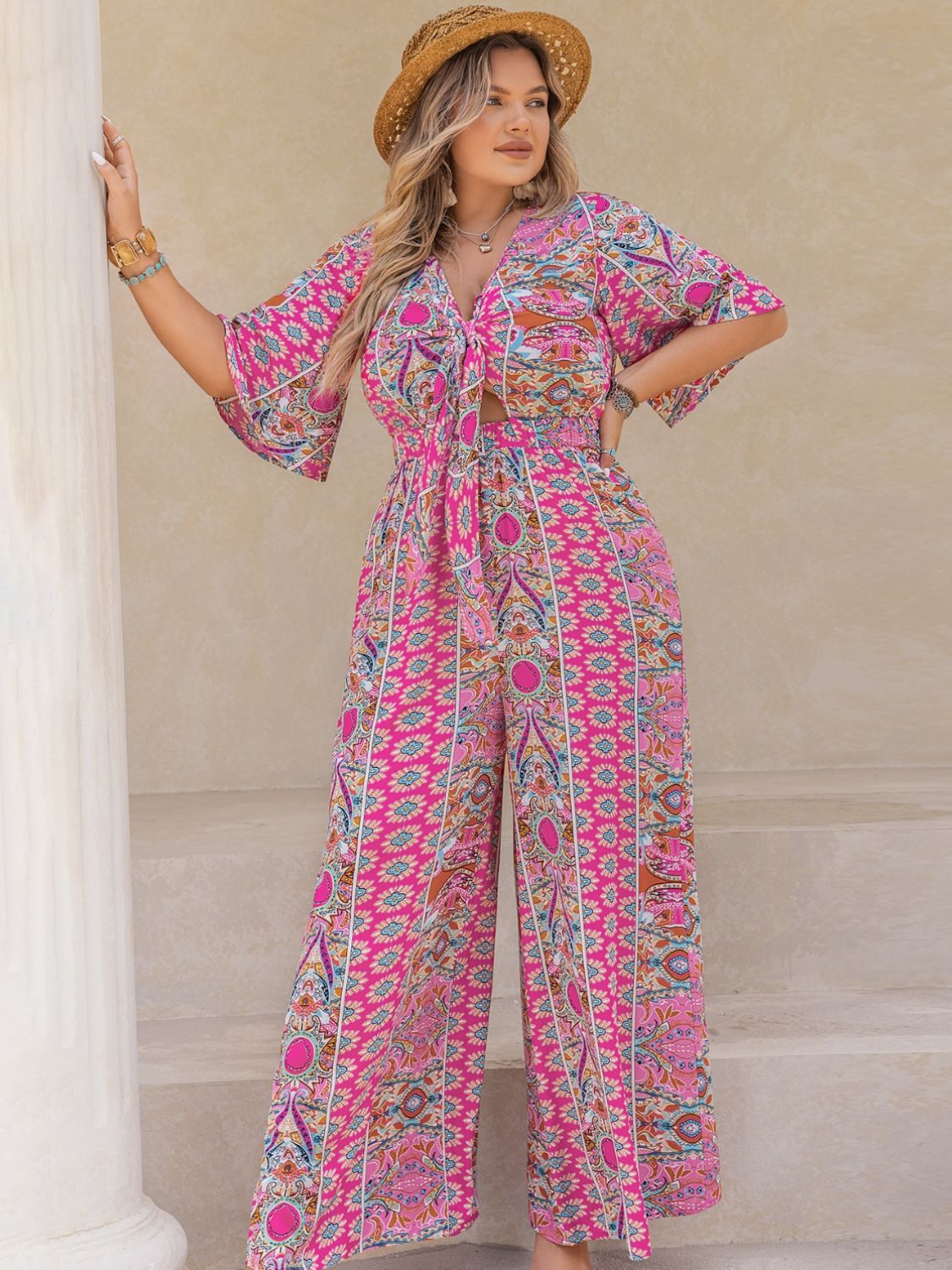 Plus Size Printed Half Sleeve Wide Leg Jumpsuit - Mervyns