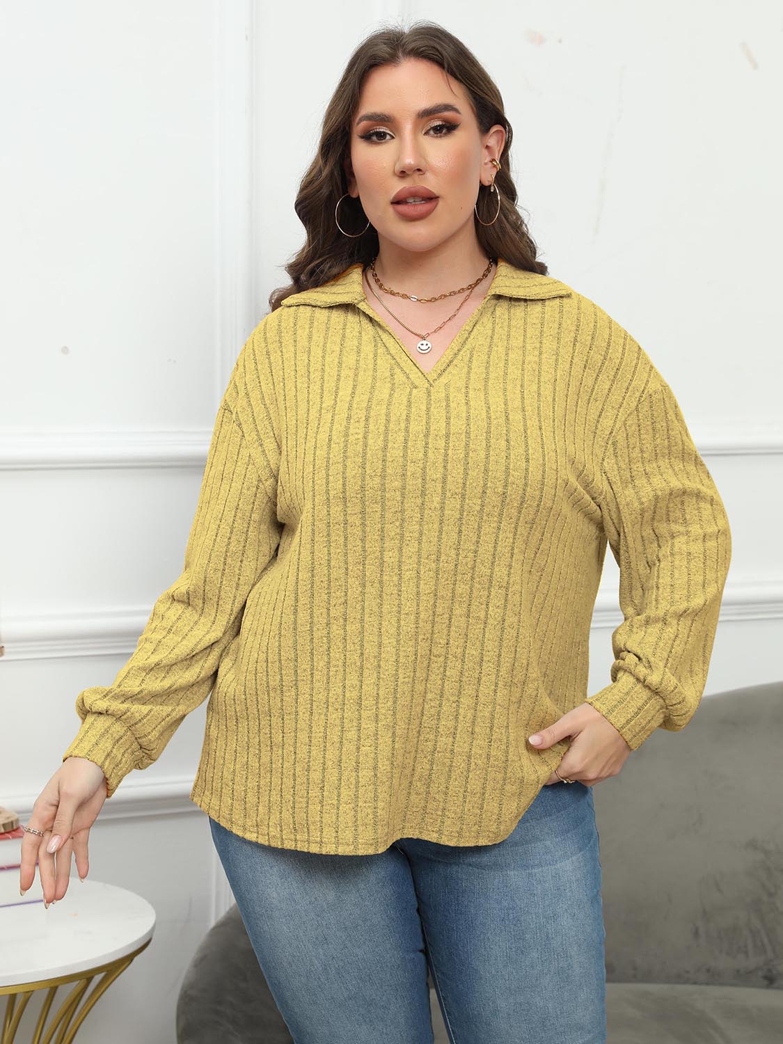 Plus Size Ribbed Collared Neck Long Sleeve Blouse - Mervyns