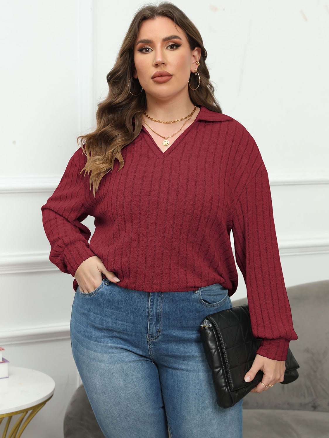 Plus Size Ribbed Collared Neck Long Sleeve Blouse - Mervyns