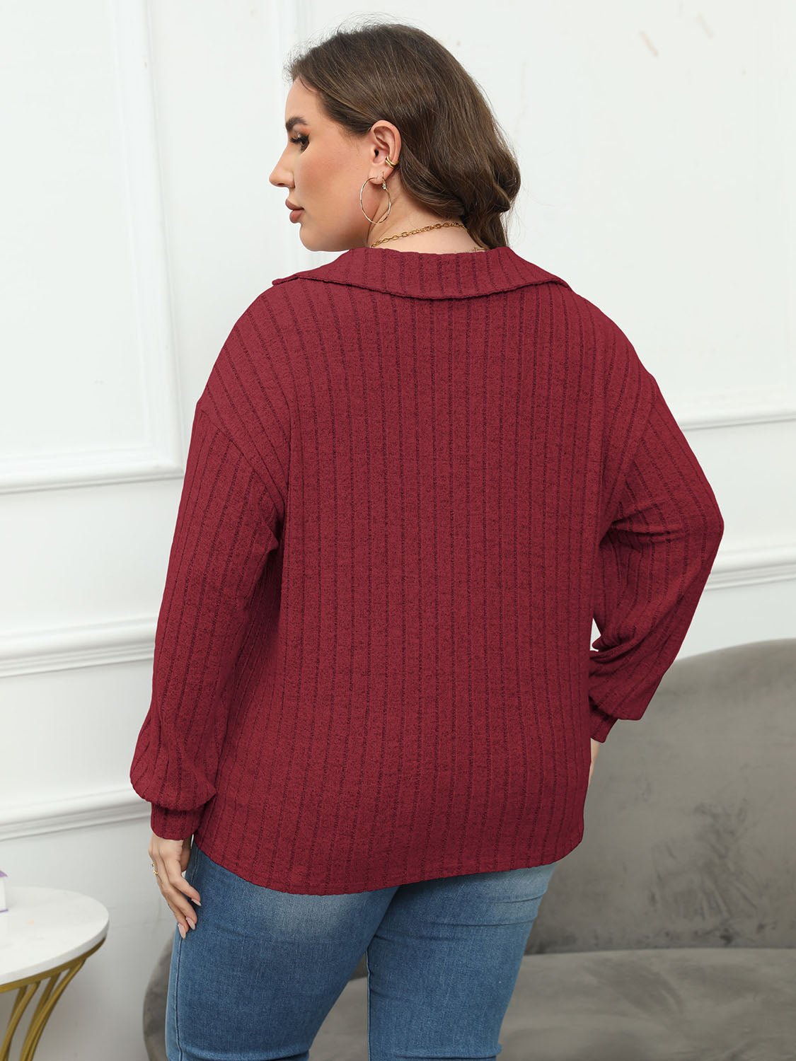Plus Size Ribbed Collared Neck Long Sleeve Blouse - Mervyns
