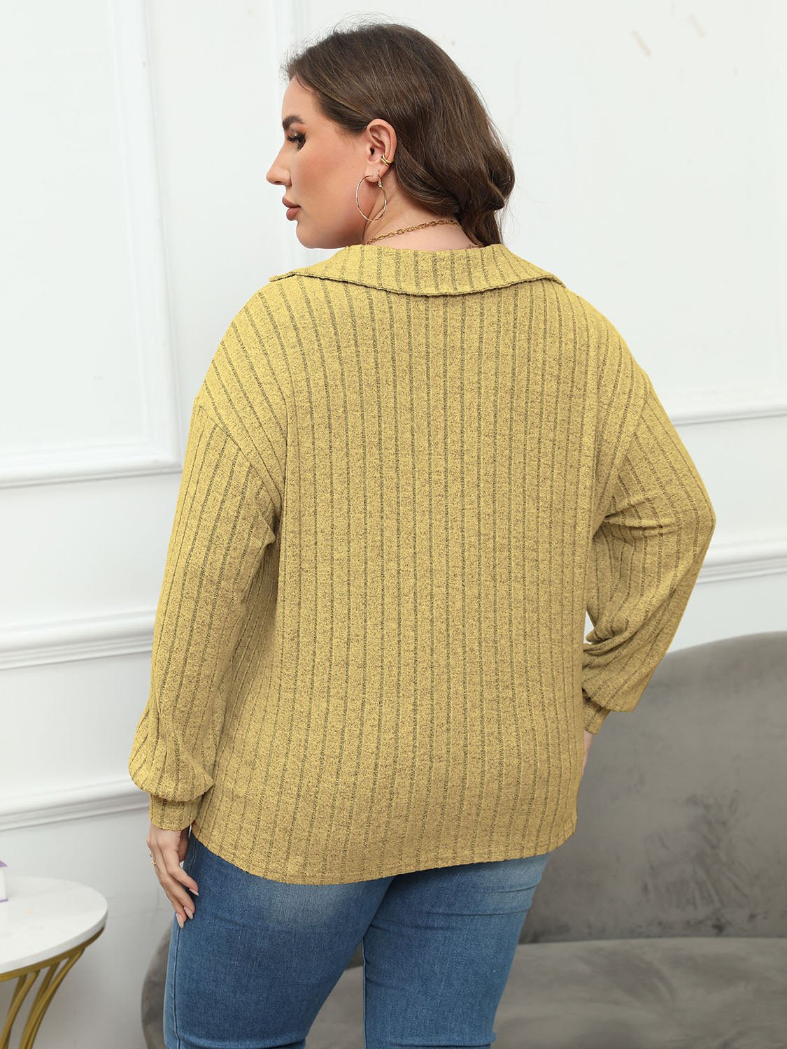 Plus Size Ribbed Collared Neck Long Sleeve Blouse - Mervyns