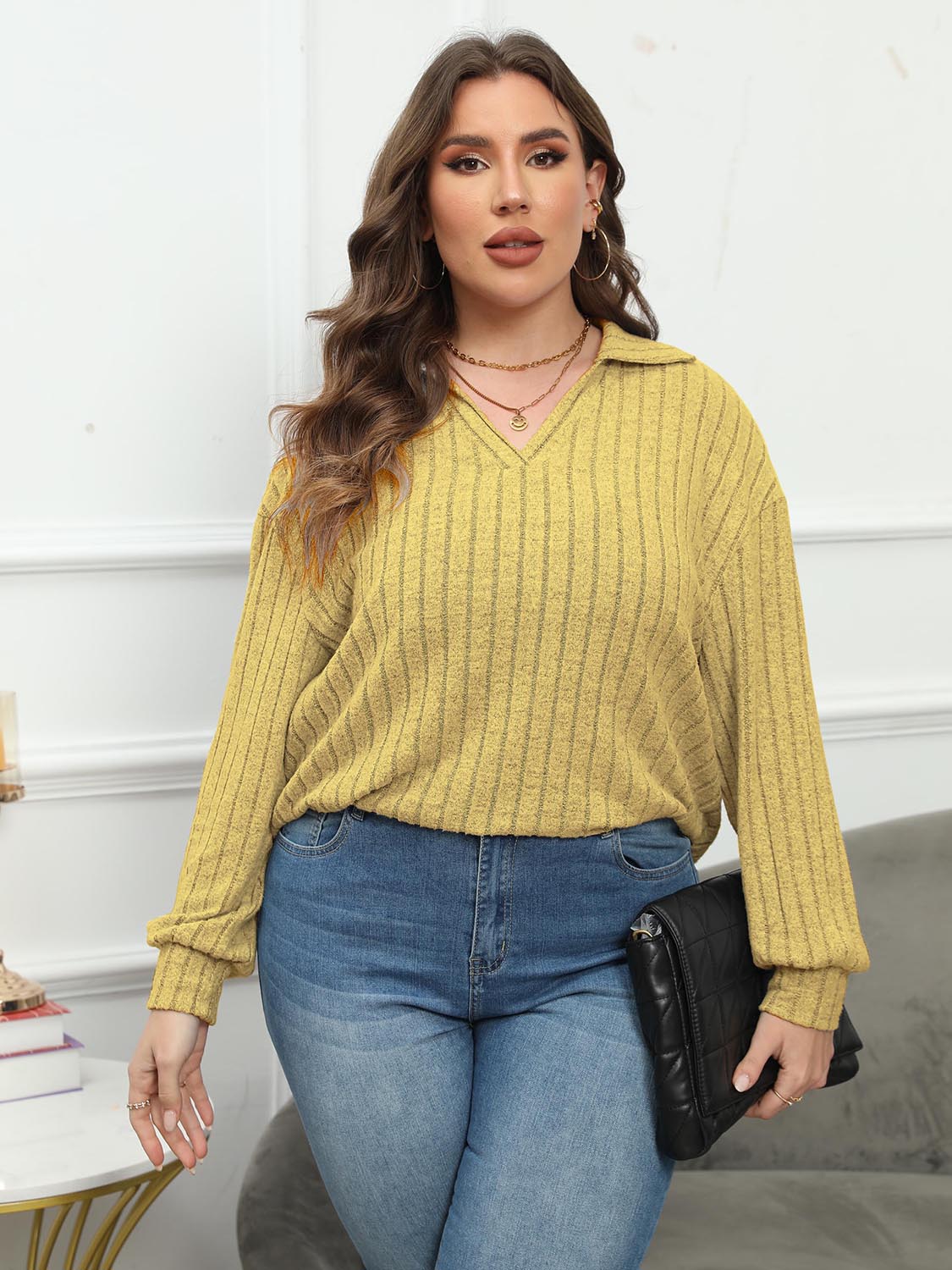 Plus Size Ribbed Collared Neck Long Sleeve Blouse - Mervyns
