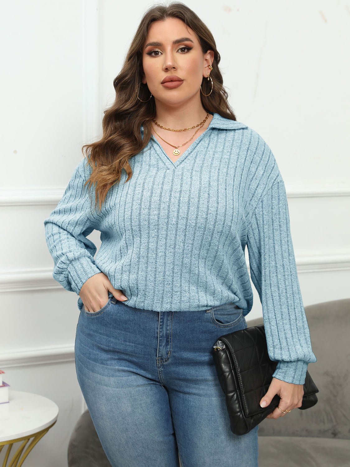 Plus Size Ribbed Collared Neck Long Sleeve Blouse - Mervyns