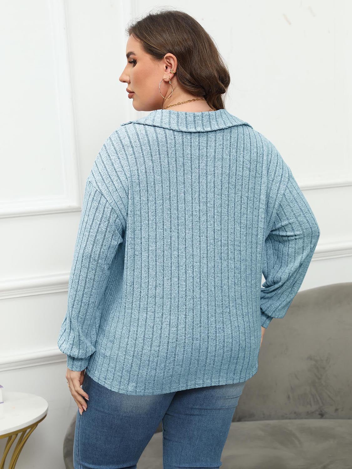 Plus Size Ribbed Collared Neck Long Sleeve Blouse - Mervyns