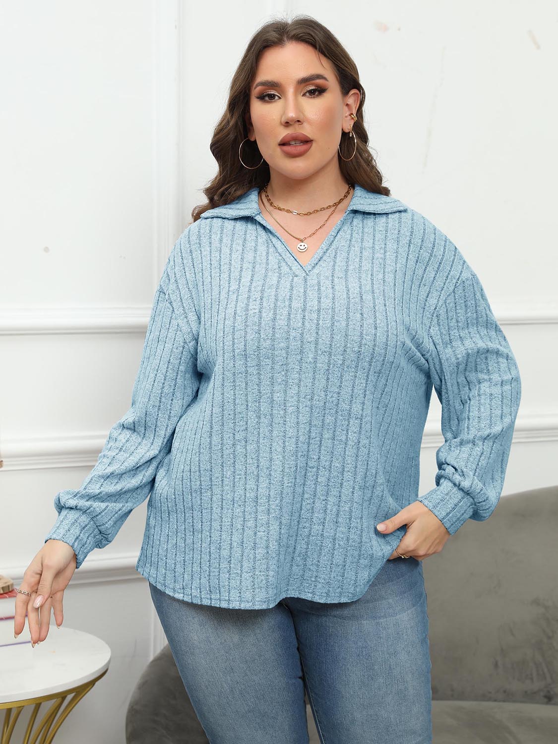 Plus Size Ribbed Collared Neck Long Sleeve Blouse - Mervyns