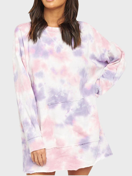 Pocketed Tie-Dye Round Neck Long Sleeve Dress - Mervyns