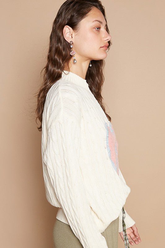 POL Cable-Knit Peace Patch Dropped Shoulder Sweater - Mervyns