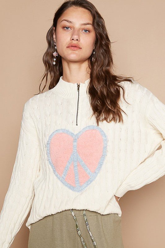 POL Cable-Knit Peace Patch Dropped Shoulder Sweater - Mervyns