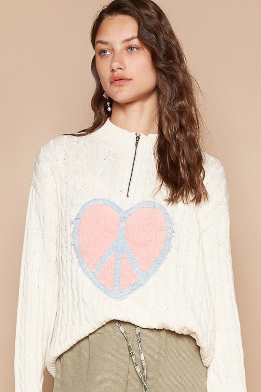 POL Cable-Knit Peace Patch Dropped Shoulder Sweater - Mervyns