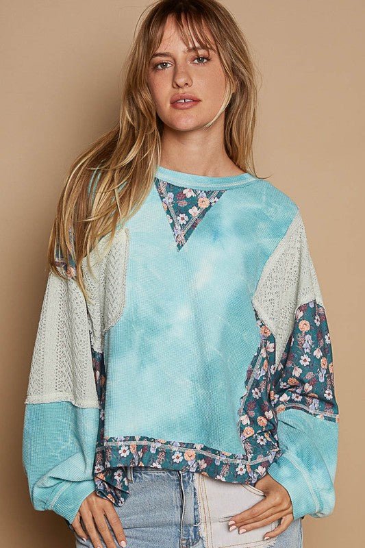 POL Floral Patchwork Round Neck Knit Top - Mervyns