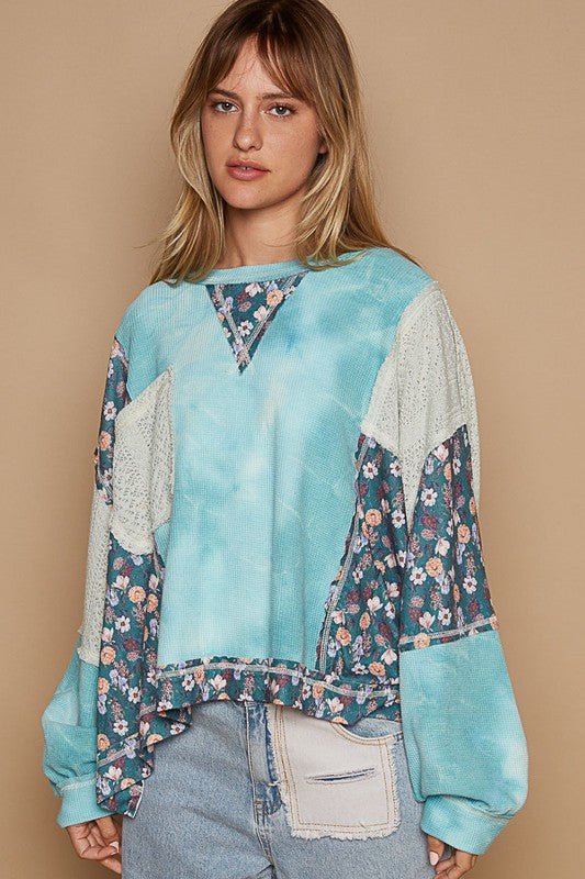 POL Floral Patchwork Round Neck Knit Top - Mervyns