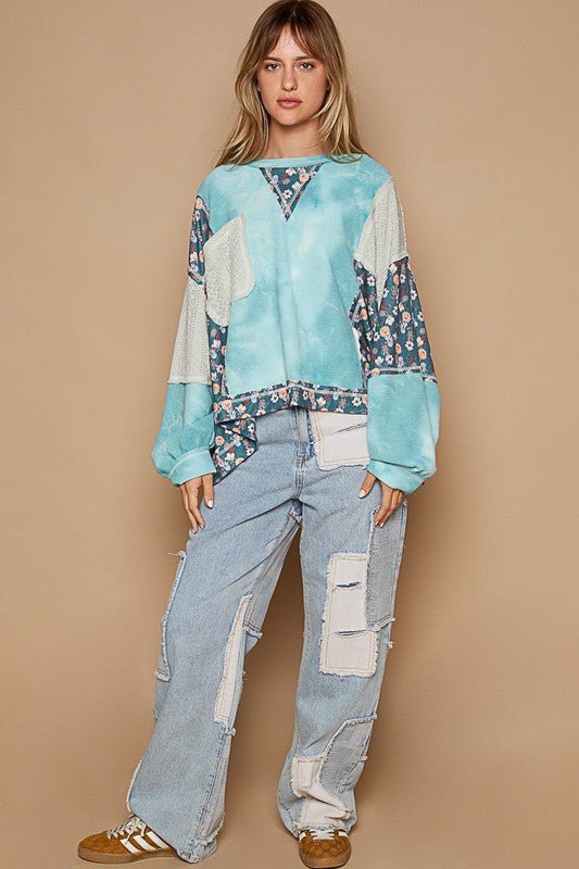 POL Floral Patchwork Round Neck Knit Top - Mervyns