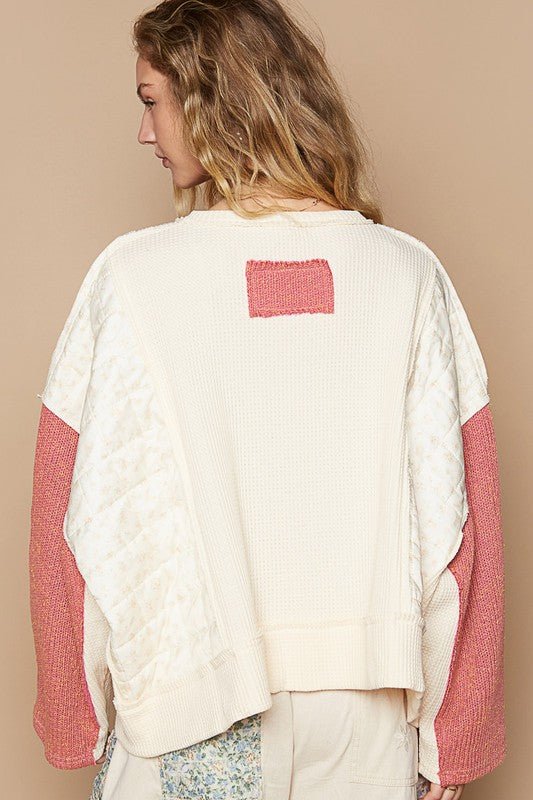 POL Waffle-Knit Contrast Notched Long Sleeve Knit Top - Mervyns