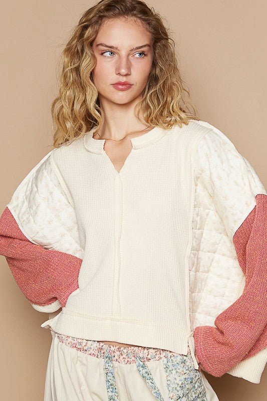 POL Waffle-Knit Contrast Notched Long Sleeve Knit Top - Mervyns
