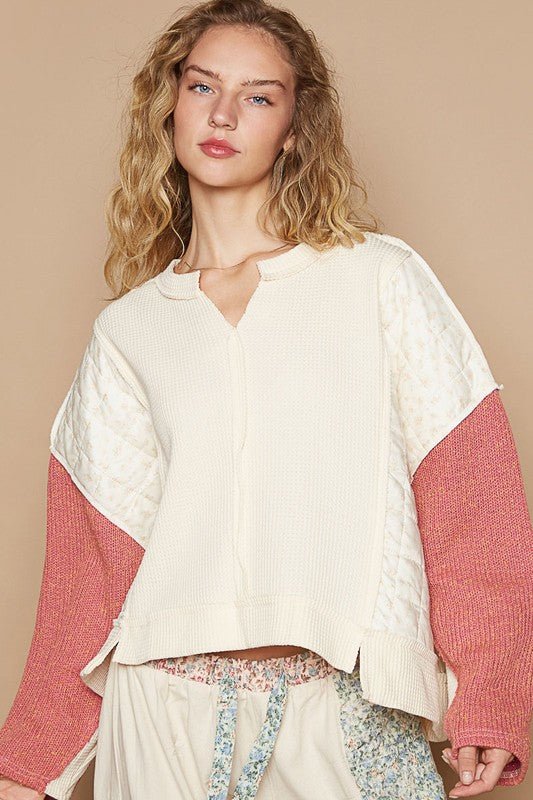 POL Waffle-Knit Contrast Notched Long Sleeve Knit Top - Mervyns