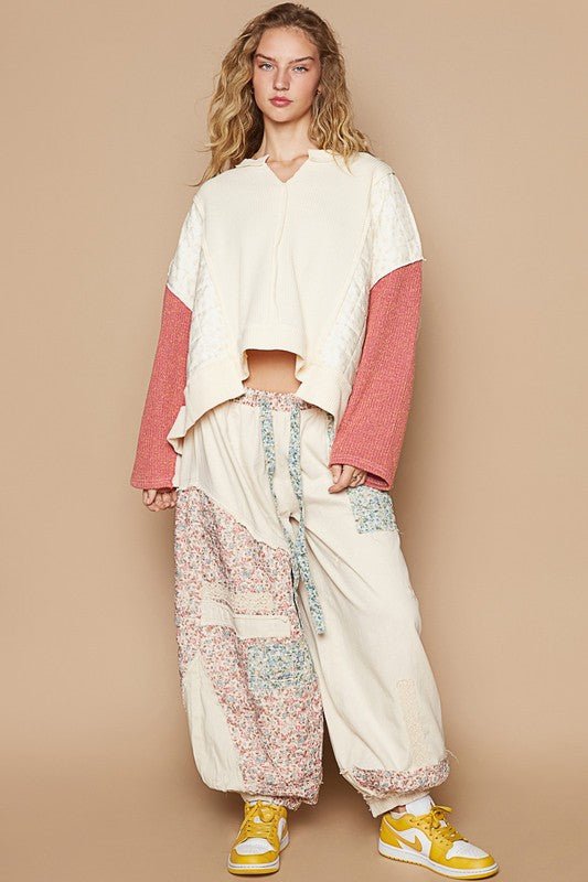 POL Waffle-Knit Contrast Notched Long Sleeve Knit Top - Mervyns