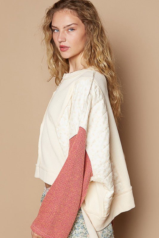 POL Waffle-Knit Contrast Notched Long Sleeve Knit Top - Mervyns