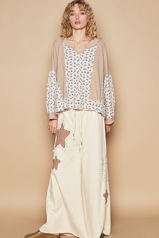 POL Waffle Knit Floral Notched Long Sleeve Top - Mervyns