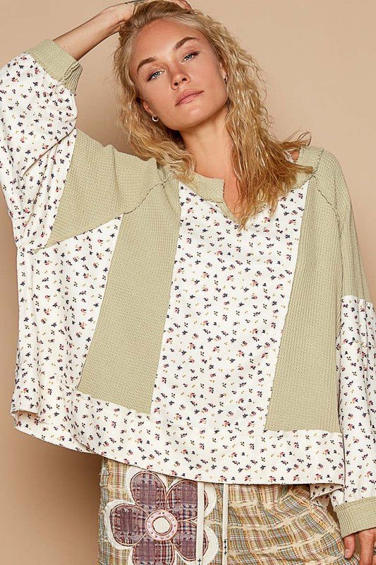 POL Waffle Knit Floral Notched Long Sleeve Top - Mervyns
