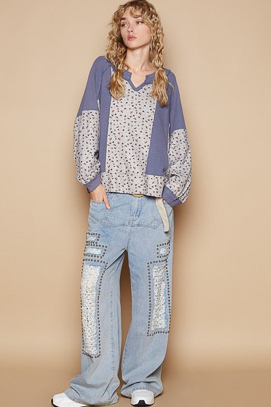 POL Waffle Knit Floral Notched Long Sleeve Top - Mervyns