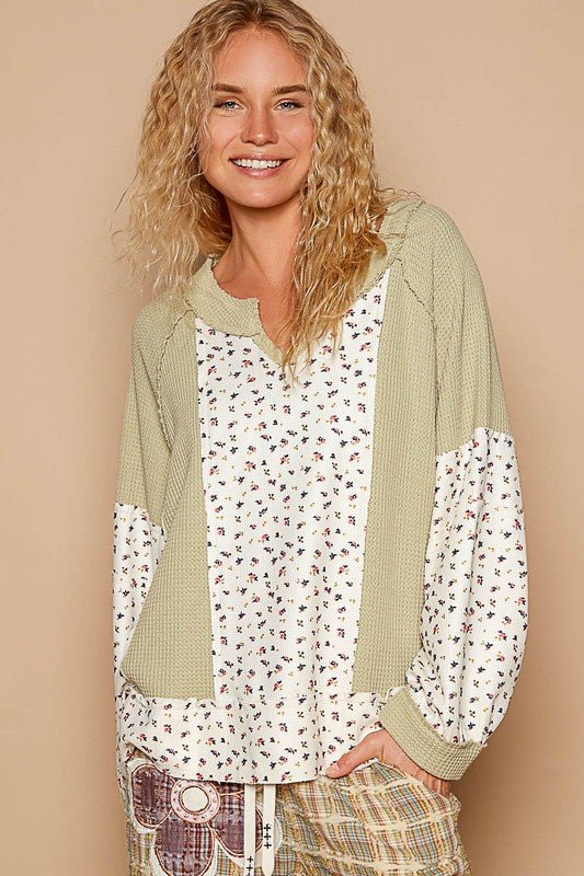 POL Waffle Knit Floral Notched Long Sleeve Top - Mervyns