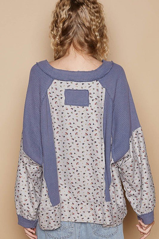 POL Waffle Knit Floral Notched Long Sleeve Top - Mervyns