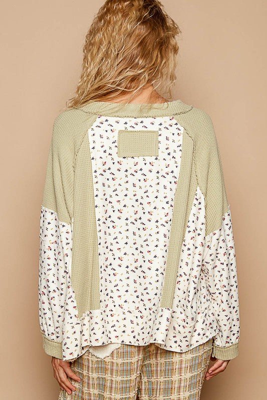 POL Waffle Knit Floral Notched Long Sleeve Top - Mervyns
