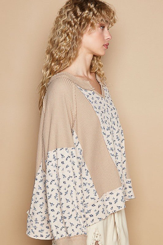POL Waffle Knit Floral Notched Long Sleeve Top - Mervyns