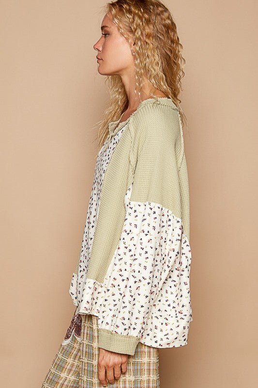 POL Waffle Knit Floral Notched Long Sleeve Top - Mervyns
