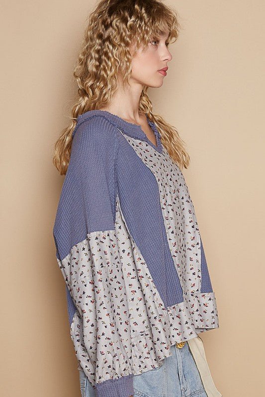 POL Waffle Knit Floral Notched Long Sleeve Top - Mervyns