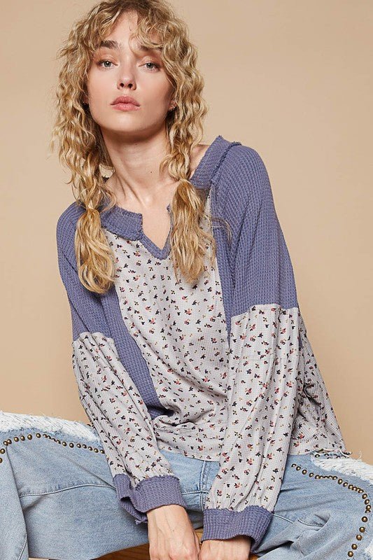 POL Waffle Knit Floral Notched Long Sleeve Top - Mervyns