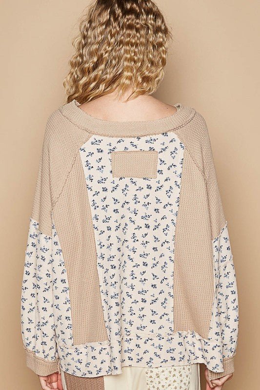 POL Waffle Knit Floral Notched Long Sleeve Top - Mervyns