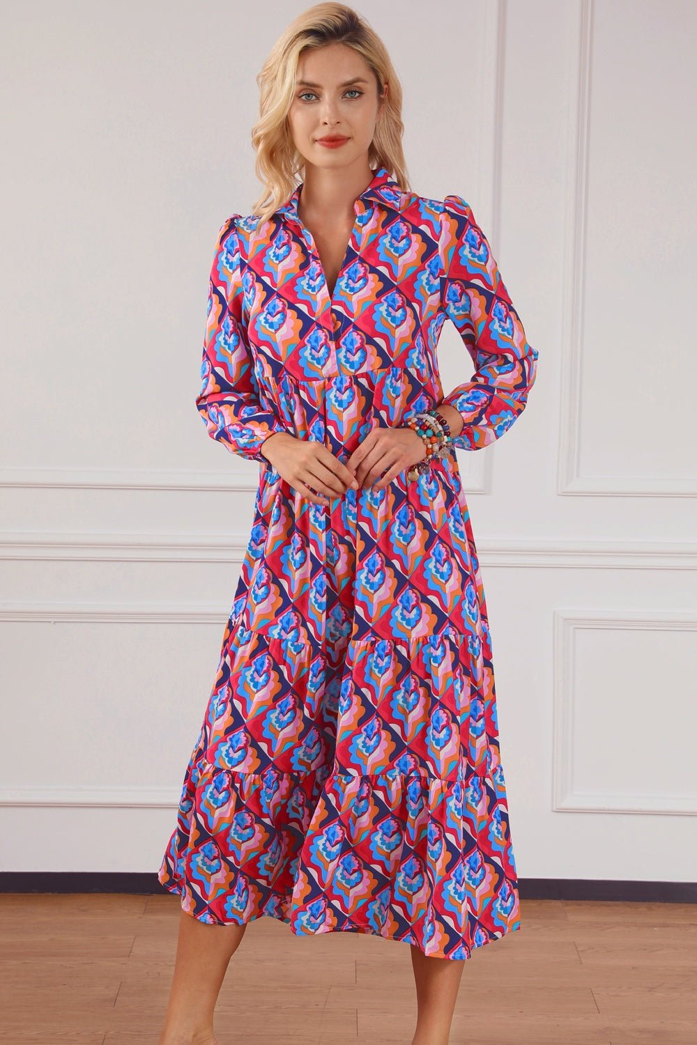 Printed Collared Neck Long Sleeve Midi Dress - Mervyns