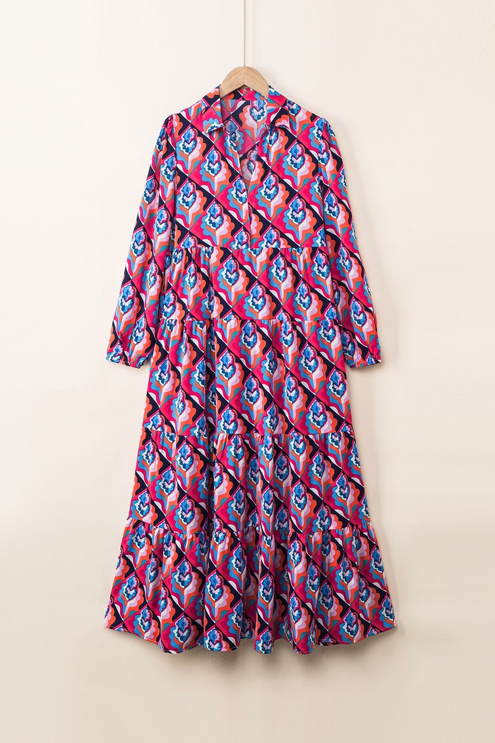 Printed Collared Neck Long Sleeve Midi Dress - Mervyns